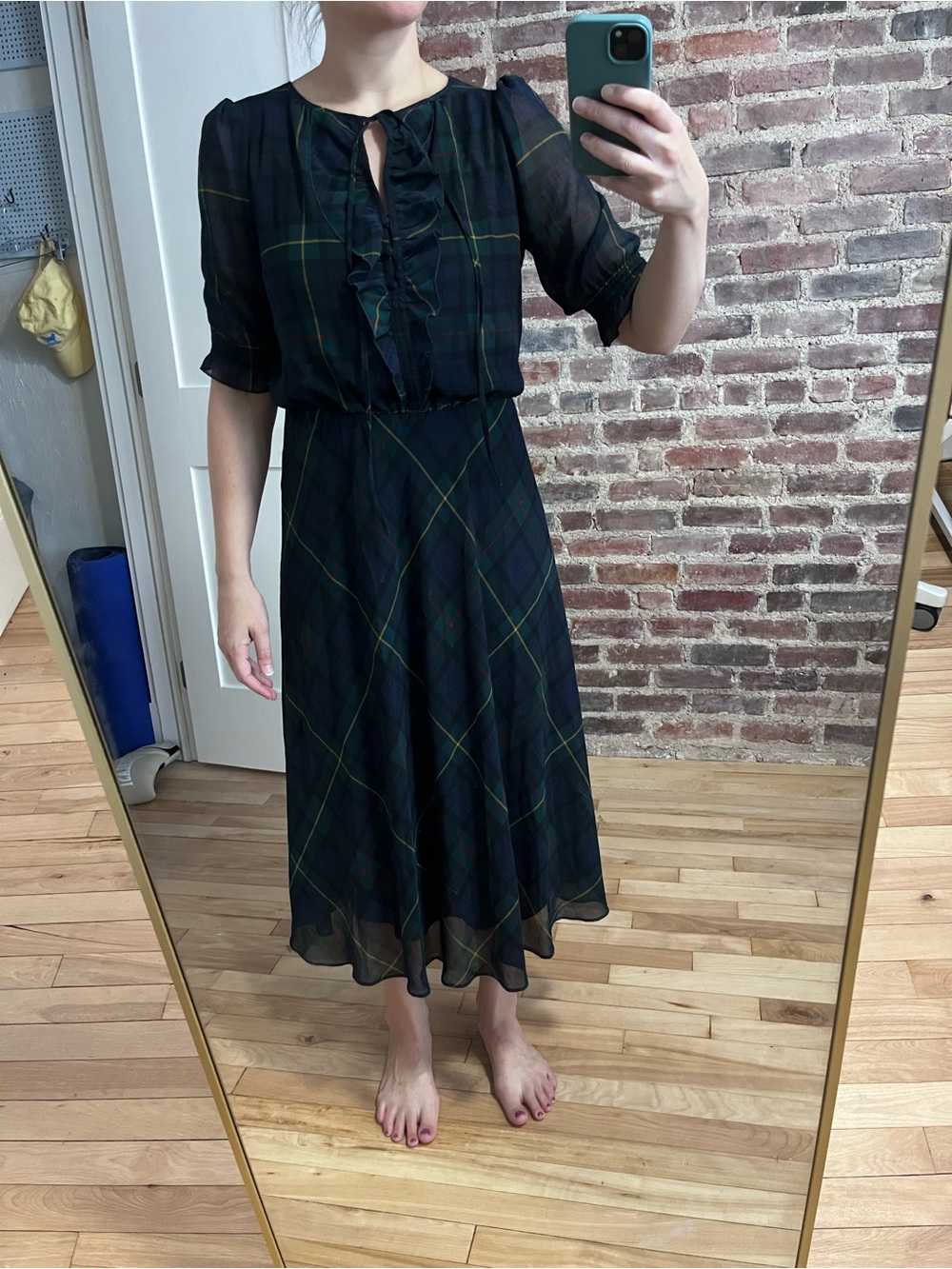 Lauren by Ralph Lauren Dark Plaid Ruffle Midi Dress - Blue/Green